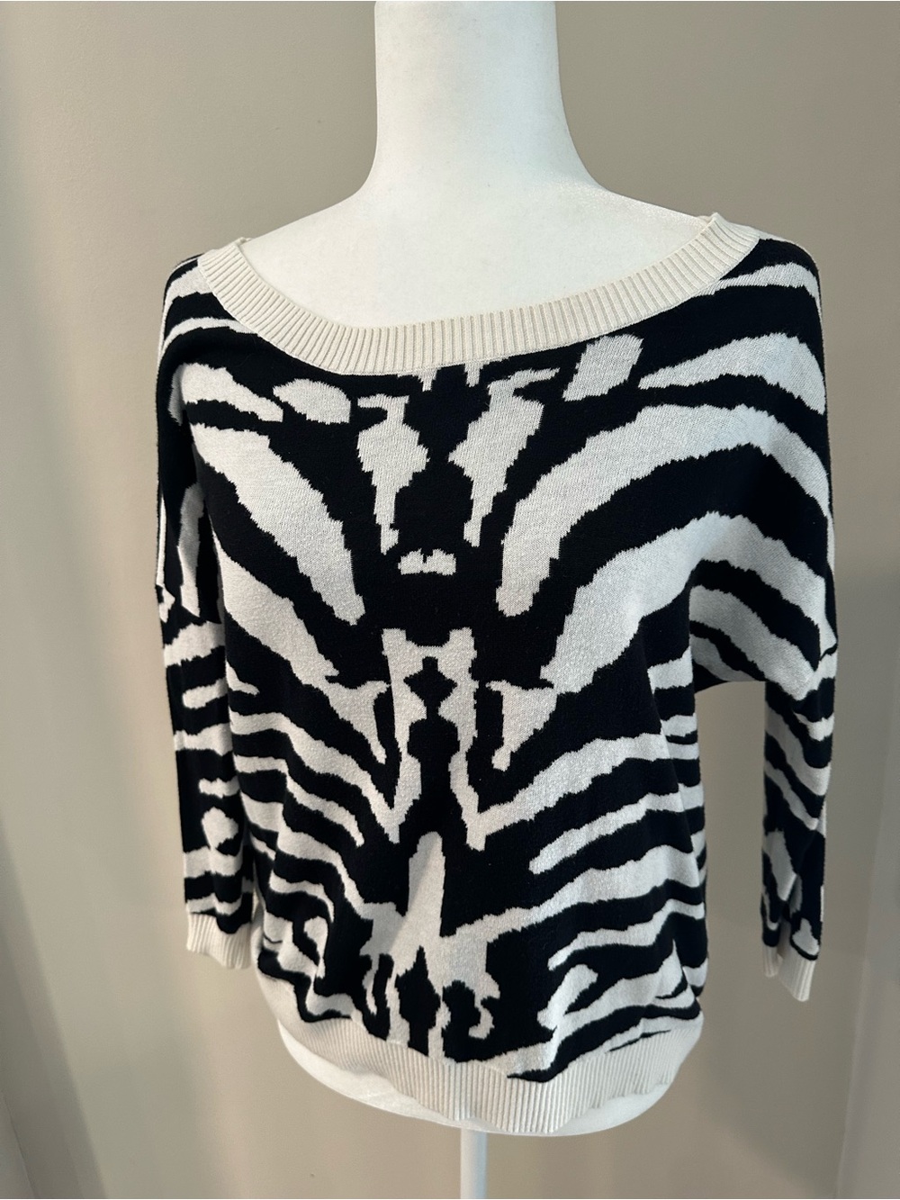 Express Black and White Off-the-Shoulder Zebra Sweater